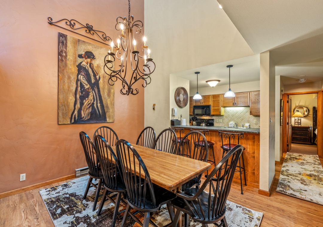Listing photo — dining area and kitchen at Timber Run 108, Retreatia, Steamboat Springs CO