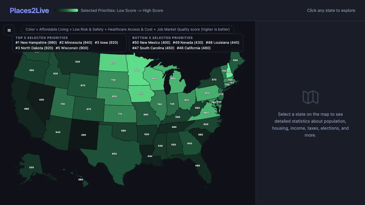 Screenshot of Places2Live — interactive US states map with priority scoring