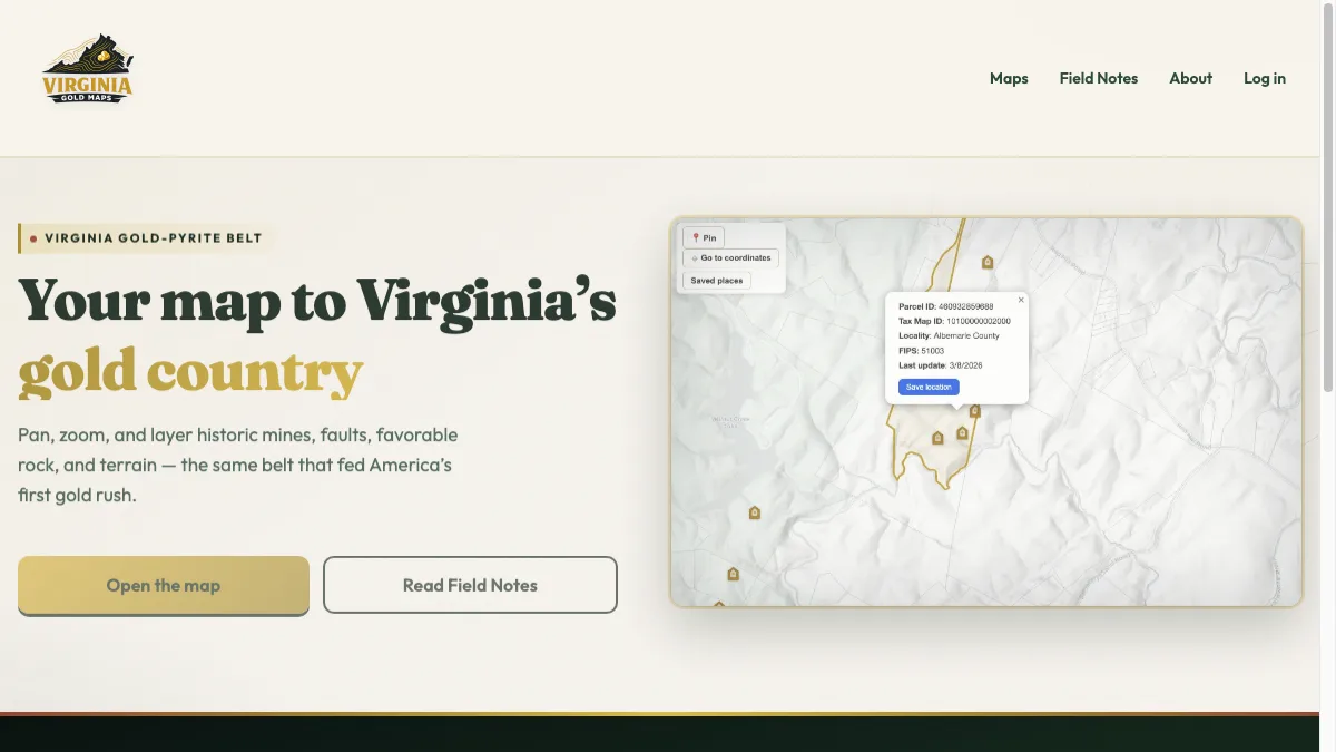 Screenshot of VA Gold Maps — Virginia gold prospecting map interface